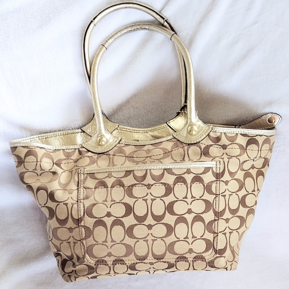 Coach Bleecker Khaki Signature Patchwork Floral Metallic Gold Tote Bag Y2K - Picture 8 of 15